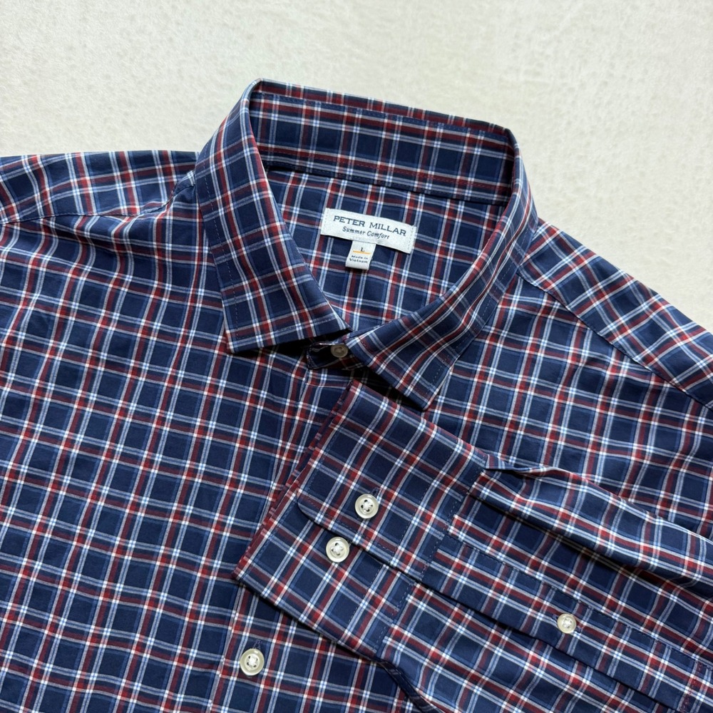 Peter Millar Button Down Shirt Men Large Navy Blue Plaid Summer Comfort Long Slv